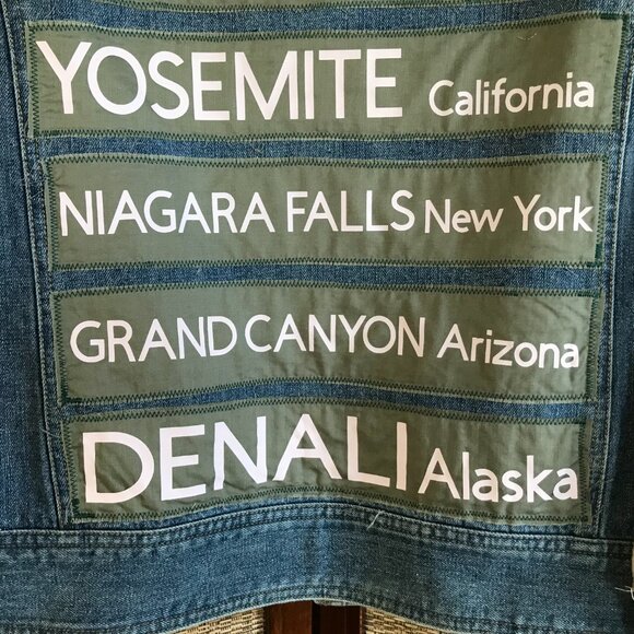Upcycled Denim Jacket, Size M: Nature Wanderer Patches, Waffle Knit Sleeves - Picture 5 of 12